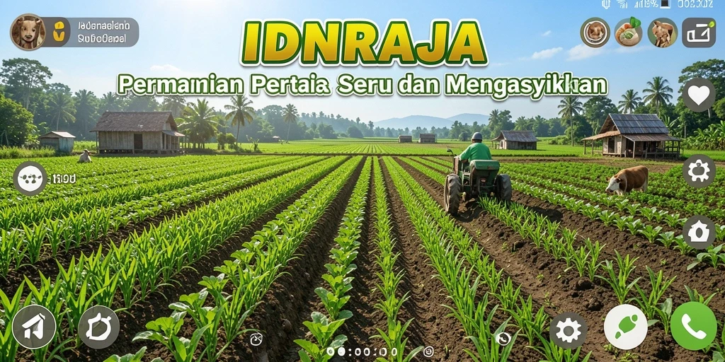 Tampilan gameplay <strong>IDNRAJA</strong> yang menampilkan pertanian yang luas dan berwarna-warni.
