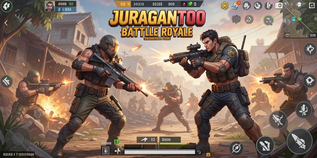 Tampilan aksi seru dalam JURAGANTOTO, memperlihatkan pertarungan Battle Royale yang mendebarkan.