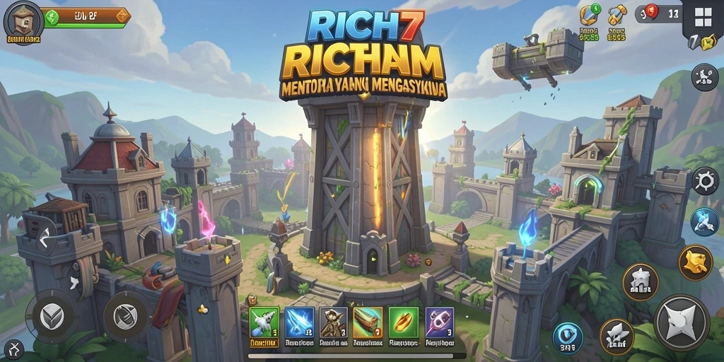 Screenshot gameplay RICH7 menampilkan aksi menara pertahanan yang menegangkan.