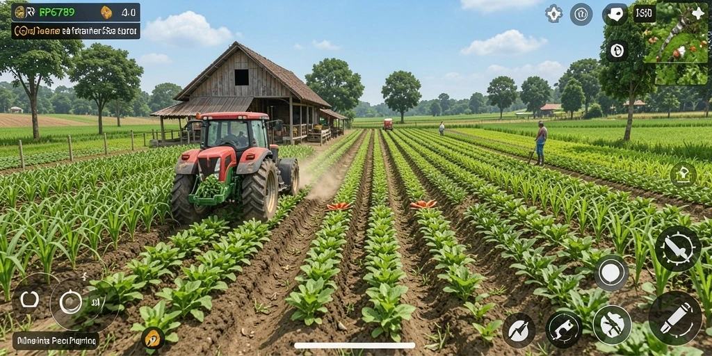 Gameplay seru RP6789 dengan petani yang sedang bekerja di ladang.