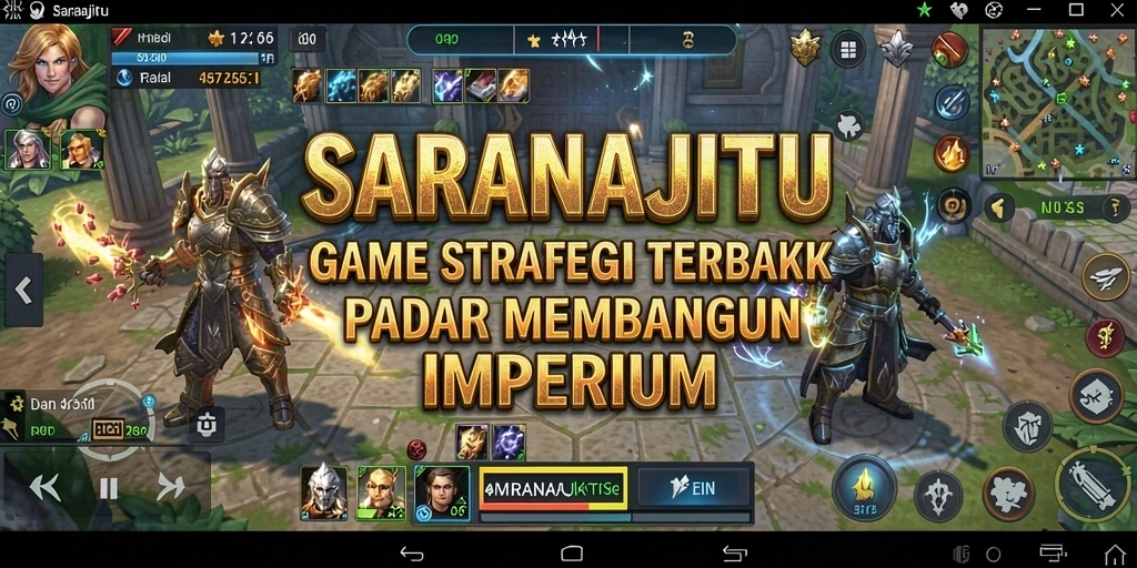 Tampilan gameplay SARANAJITU dengan berbagai strategi dan pembangunan kerajaan.