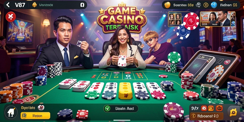 Screenshot V87 menampilkan dealer langsung dan pemain dalam suasana Live Casino.